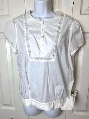 Mint FACONNABLE White Blouse Top Shirt Lace  Embroidered Side Hem Tie Button